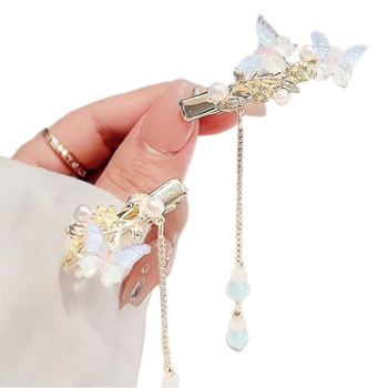 Clamă de păr Hanfu antic cu ciucuri și ornament floral, din aliaj, clips lateral
