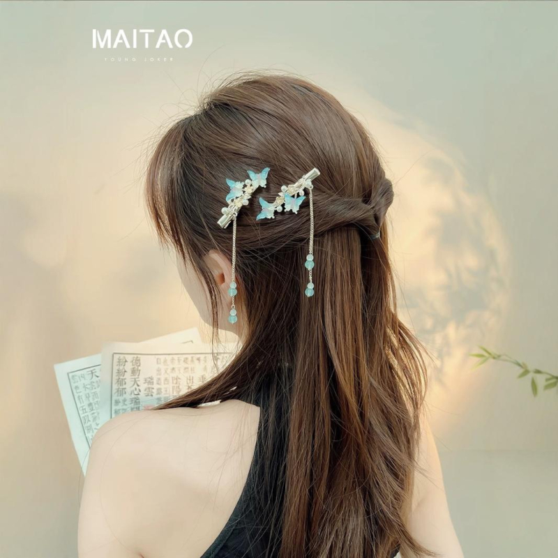 Clamă de păr Hanfu antic cu ciucuri și ornament floral, din aliaj, clips lateral