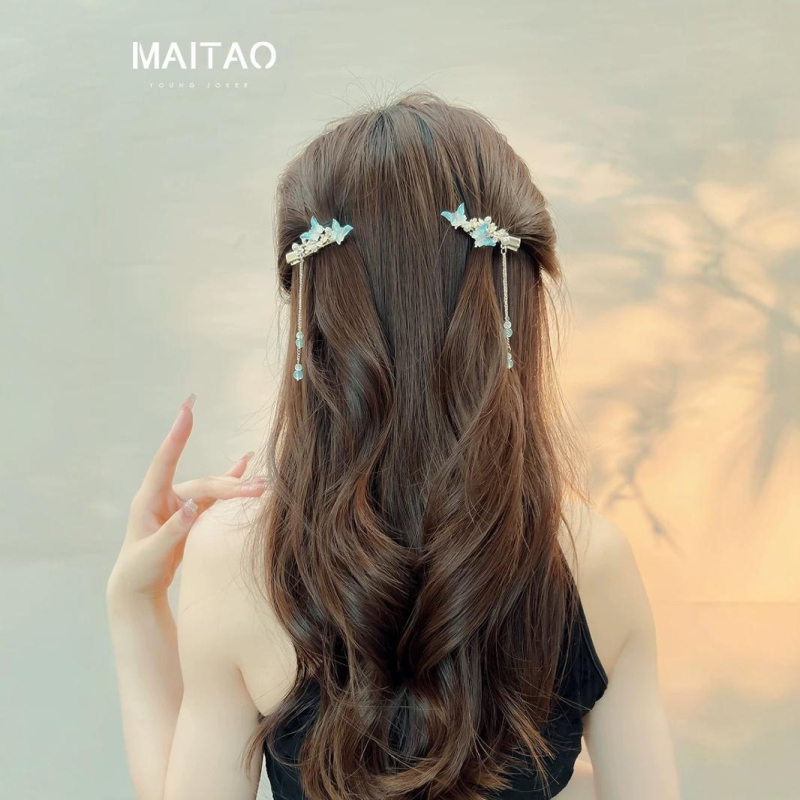 Clamă de păr Hanfu antic cu ciucuri și ornament floral, din aliaj, clips lateral