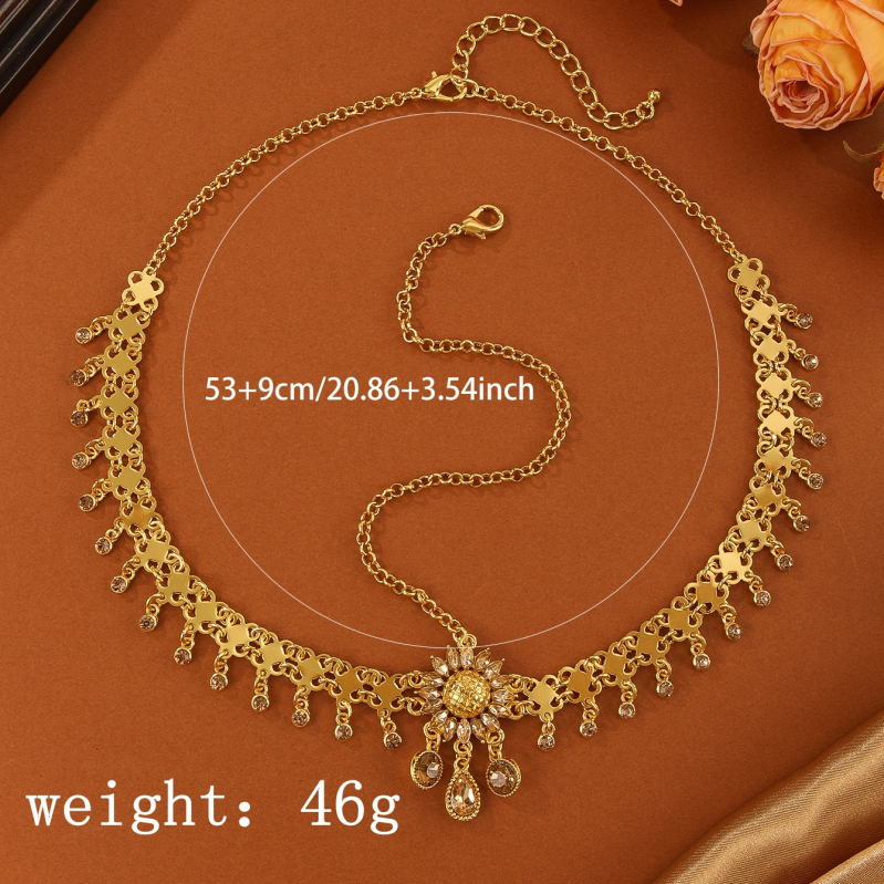 Lanț de cap exotic egiptean din aliaj, cu cristale încrustate, motive margaretă și floare de soare, picături de apă, Jiaoyu, iarnă 2024
