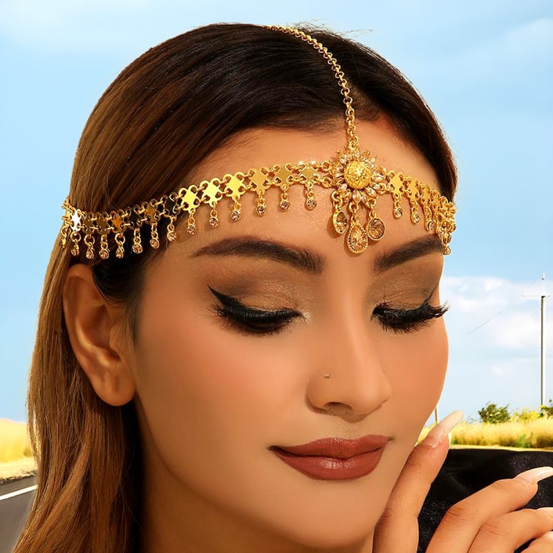 Lanț de cap exotic egiptean din aliaj, cu cristale încrustate, motive margaretă și floare de soare, picături de apă, Jiaoyu, iarnă 2024