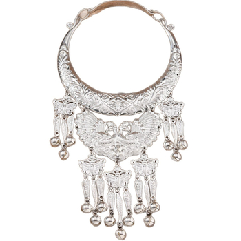 Мяо етническа огърлица с ветрови камбанки и паунов мотив, халтер‑огърлица, многослойна, геометрична форма, цинкова сплав, тегло 165 g, усукана верижка