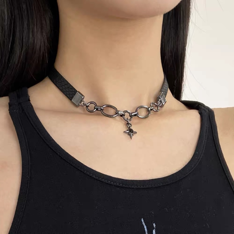 Кожен чокър за жени със звездообразна висулка от сплав – еднослоен, стандартна верига