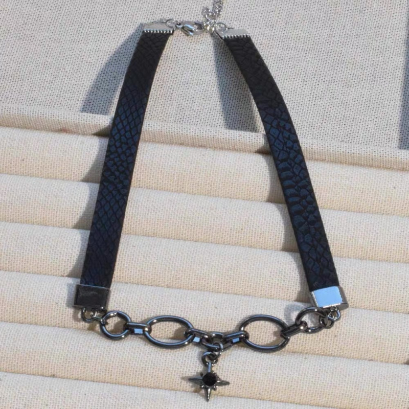 Кожен чокър за жени със звездообразна висулка от сплав – еднослоен, стандартна верига