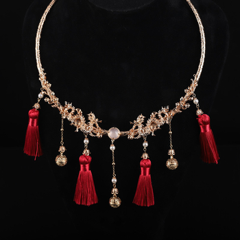 Метално колие-яка с многослоена мънисто-верига и висулка с цветна глазура