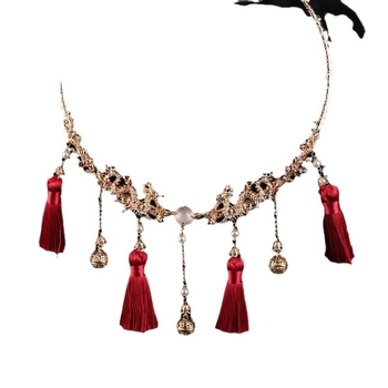 Метално колие-яка с многослоена мънисто-верига и висулка с цветна глазура