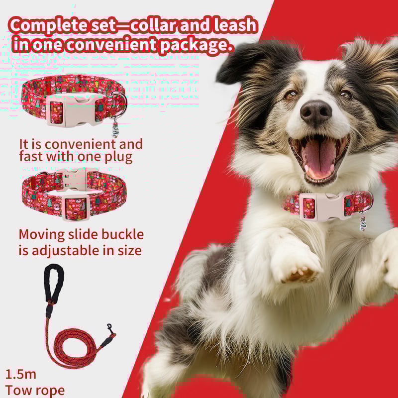 Σετ κολάρου και λουριού για σκύλους — Χριστουγεννιάτικο θέμα, Πολυεστέρας, Κατάλληλο για όλους τους σκύλους, Στυλ ελεύθερου χρόνου