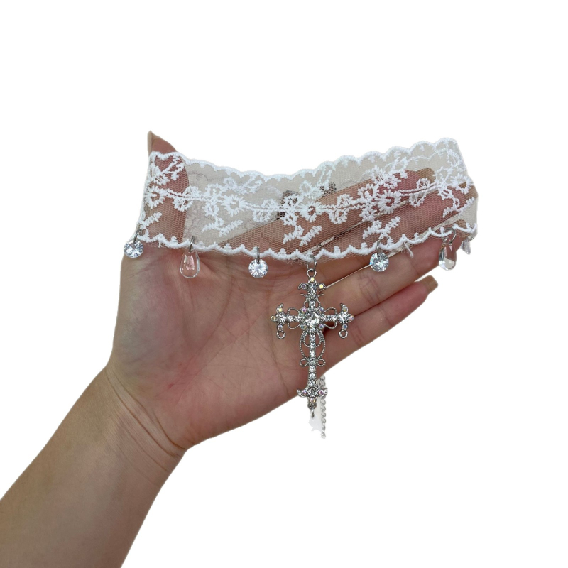 Κολιέ-χορδές από κράμα με σταυρό και φούντα σε σχήμα σταγόνας, κανονική αλυσίδα, γλυκό και δροσερό στυλ, κυκλοφόρησε φθινόπωρο 2025