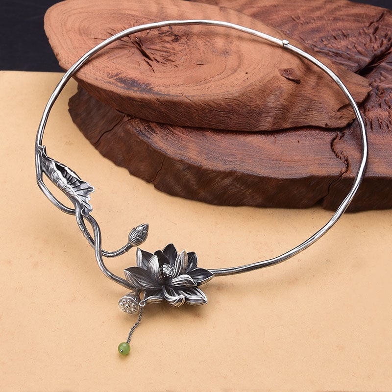 Colier choker – retro cu motiv lotus și ciucuri, placat cu argint, unisex, AININA