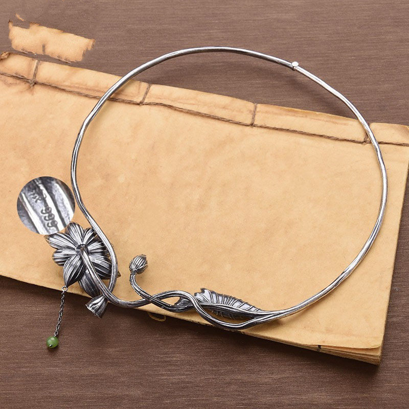 Colier choker – retro cu motiv lotus și ciucuri, placat cu argint, unisex, AININA