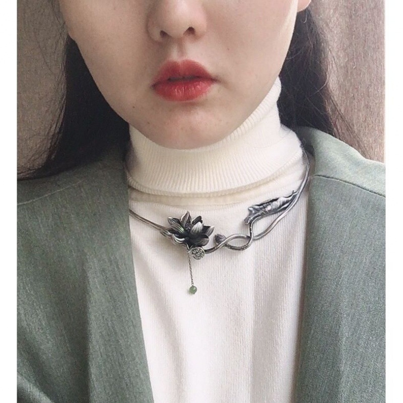 Colier choker – retro cu motiv lotus și ciucuri, placat cu argint, unisex, AININA