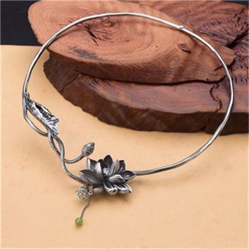 Colier choker – retro cu motiv lotus și ciucuri, placat cu argint, unisex, AININA