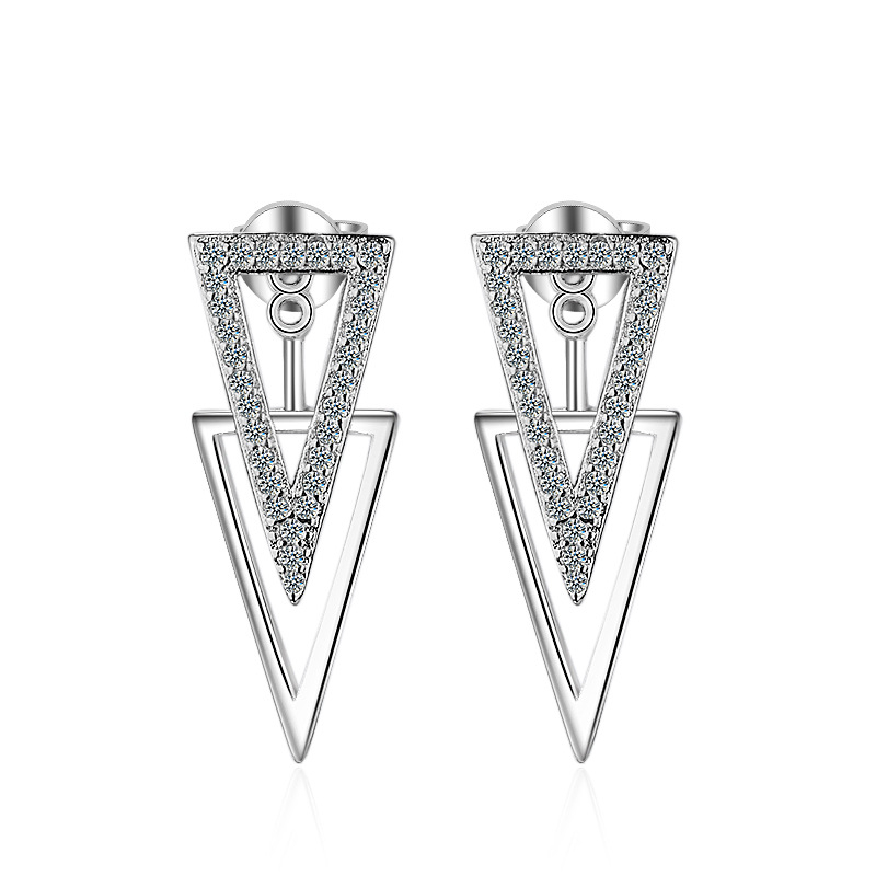 Heart Ornament Медни обеци с диамантено инкрустиране, двойнослойни триъгълни геометрични, заден висящ дизайн, за жени