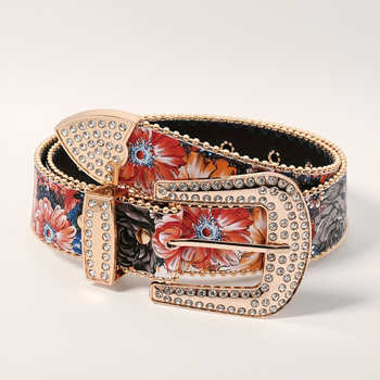 Curea feminină cu imprimeu floral și cataramă cu strasuri, talie impresionantă cu margine din mărgele (Piele PU; cataramă din aliaj; închidere cu pin; prelucrare: diamant, lucrat manual, emboss)