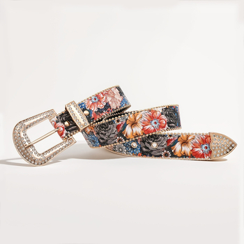 Curea feminină cu imprimeu floral și cataramă cu strasuri, talie impresionantă cu margine din mărgele (Piele PU; cataramă din aliaj; închidere cu pin; prelucrare: diamant, lucrat manual, emboss)