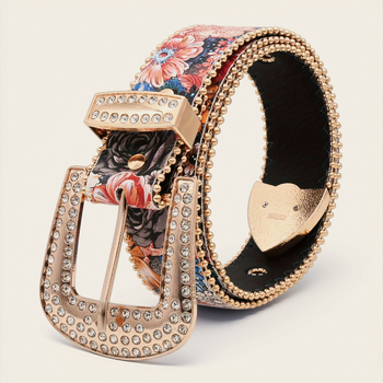 Curea feminină cu imprimeu floral și cataramă cu strasuri, talie impresionantă cu margine din mărgele (Piele PU; cataramă din aliaj; închidere cu pin; prelucrare: diamant, lucrat manual, emboss)