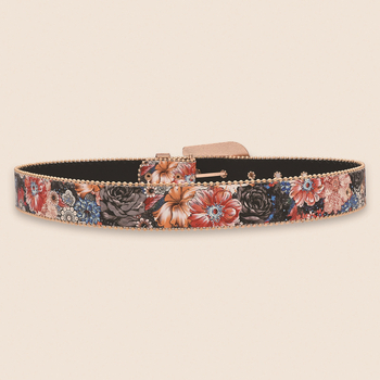 Curea feminină cu imprimeu floral și cataramă cu strasuri, talie impresionantă cu margine din mărgele (Piele PU; cataramă din aliaj; închidere cu pin; prelucrare: diamant, lucrat manual, emboss)