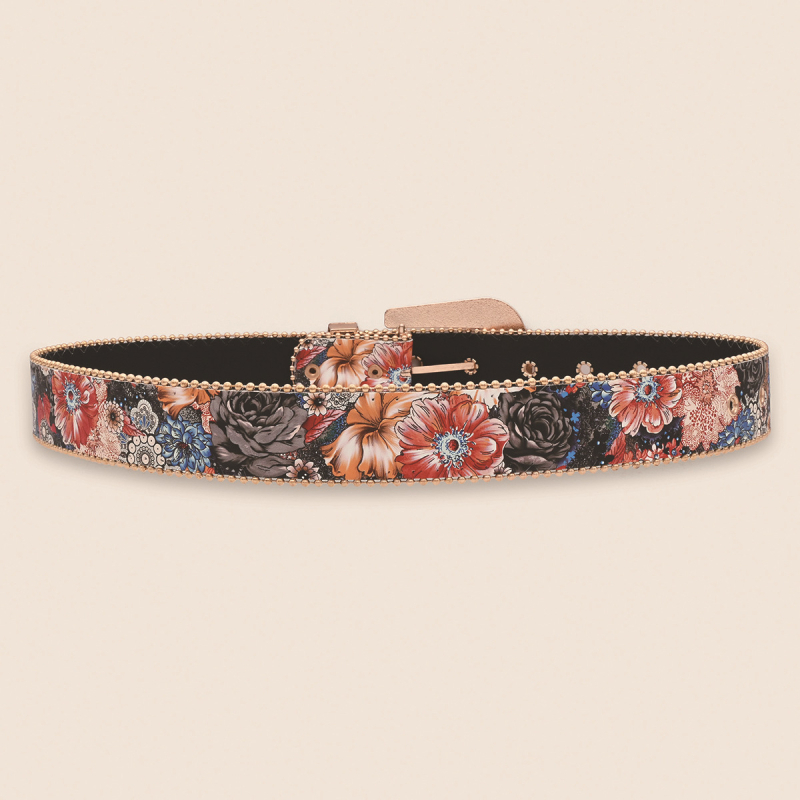 Curea feminină cu imprimeu floral și cataramă cu strasuri, talie impresionantă cu margine din mărgele (Piele PU; cataramă din aliaj; închidere cu pin; prelucrare: diamant, lucrat manual, emboss)