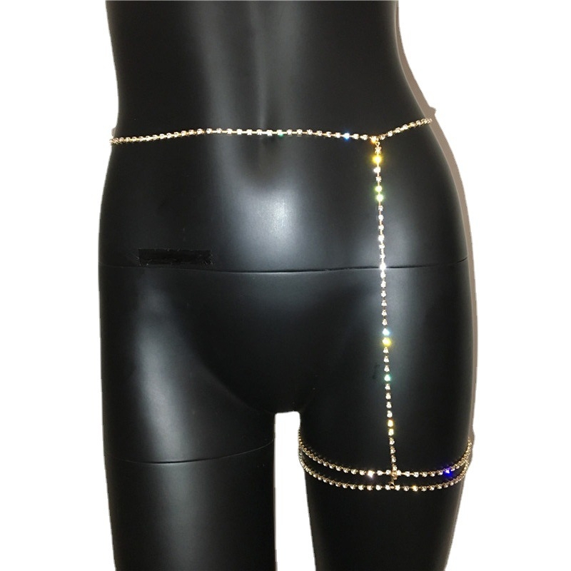 Többszörös testlánc a combhoz és derékhoz fehér kristályokkal és strasszokkal, ötvözetből készült mozaik berakás, nőknek