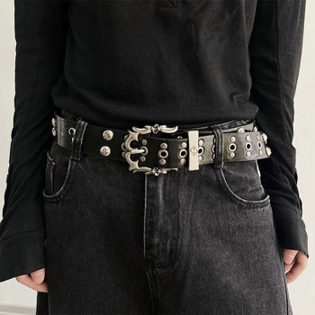 Centură din PU din piele cu cataramă din aliaj, design punk rock cu două rânduri de capse metalice, textură unică, închidere cu șiret, lățime subțire (<2 cm), finisaj gravat, primăvara 2025