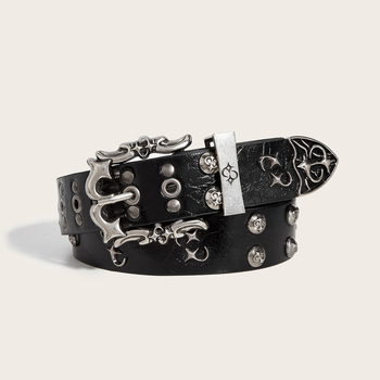 Centură din PU din piele cu cataramă din aliaj, design punk rock cu două rânduri de capse metalice, textură unică, închidere cu șiret, lățime subțire (<2 cm), finisaj gravat, primăvara 2025