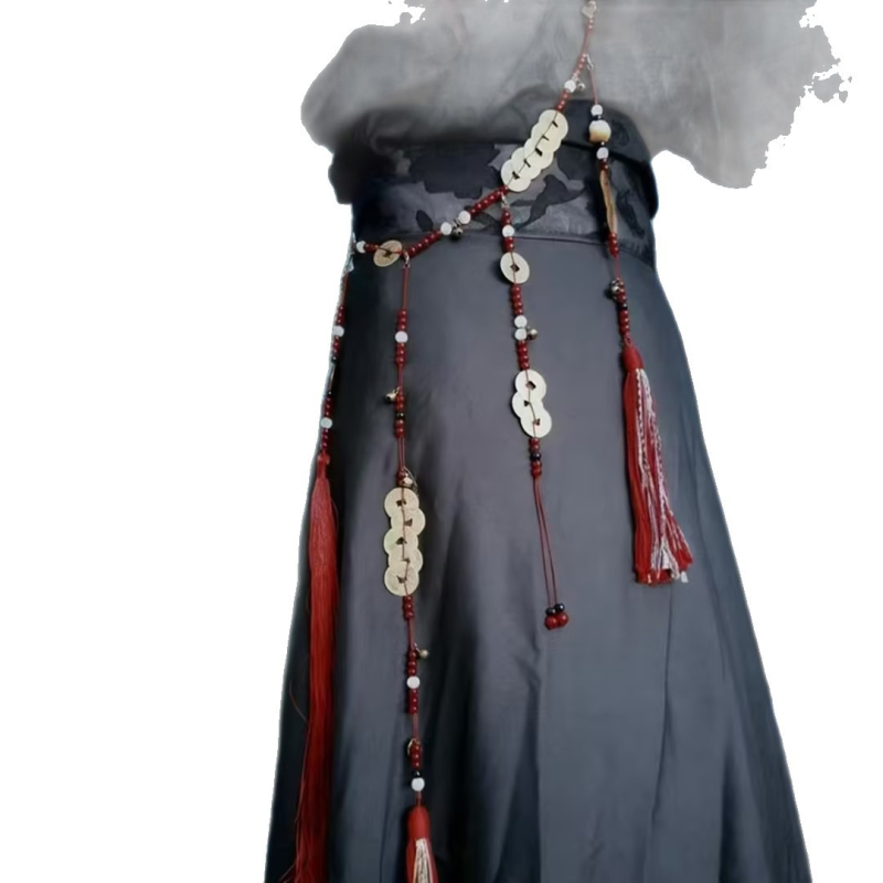 Pojasni lanac s bakrenim novčićima i crvenim resom privjeskom za Hanfu - ručna izrada, mješav materijala, unisex etničkog stila, model L2399