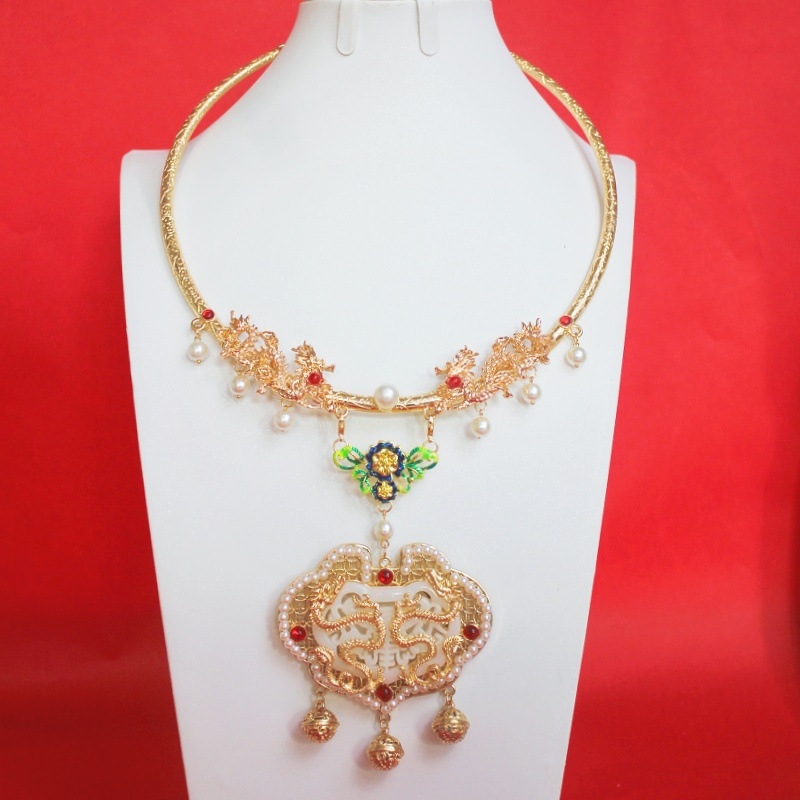 Огърлица тип яка, античен стил, многослойна, имитационен нефрит, висулка от сплав, дължина до 30 см, за жени, модел животно/зодия