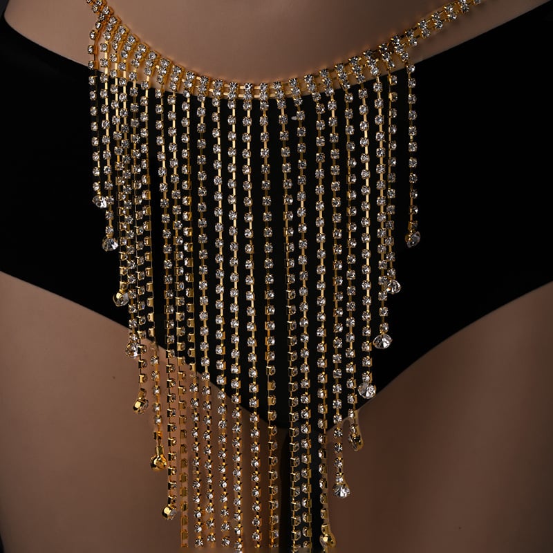 Lanac za struk s resicama — štras, legura s umetanim umjetnim dragim kamenjem, kristal, elektroplatiranje