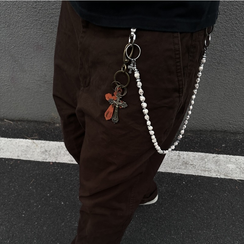 Lanac za hlače s koralikama u obliku lubanje - ručna izrada, vintage, unisex, s umjetnim kamenom