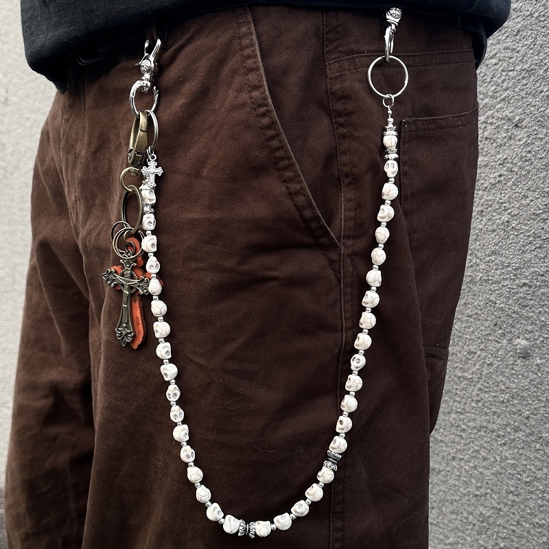 Lanac za hlače s koralikama u obliku lubanje - ručna izrada, vintage, unisex, s umjetnim kamenom