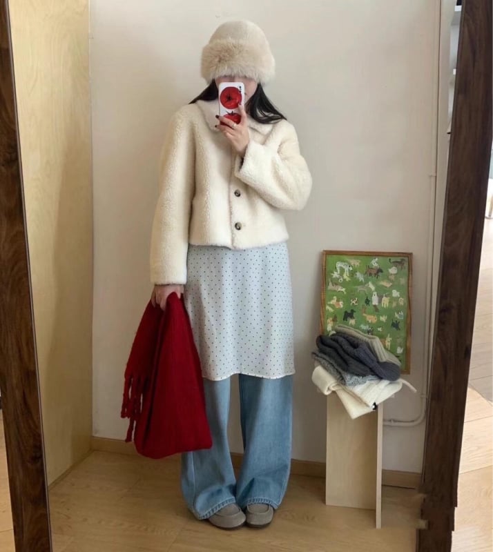 Κορεατικού στυλ φθινοπωρινό-χειμερινό δαντελένιο ποδιά με κοντή φούστα, ελαστική μέση, μοτίβο κυματιστών κουκίδων, chiffon, 95%+ πολυεστέρας, Σεζόν: φθινόπωρο 2025