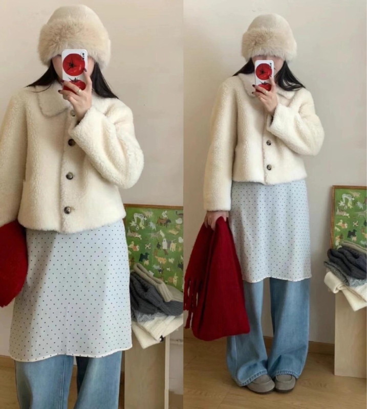 Κορεατικού στυλ φθινοπωρινό-χειμερινό δαντελένιο ποδιά με κοντή φούστα, ελαστική μέση, μοτίβο κυματιστών κουκίδων, chiffon, 95%+ πολυεστέρας, Σεζόν: φθινόπωρο 2025