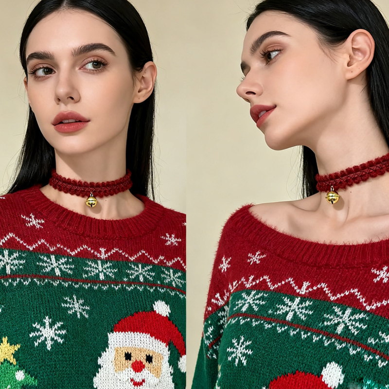 Дамски вълнен чокър с геометрична камбанкова висулка, висулка от сплав, ключична верижка, 31–40 см, Коледен стил