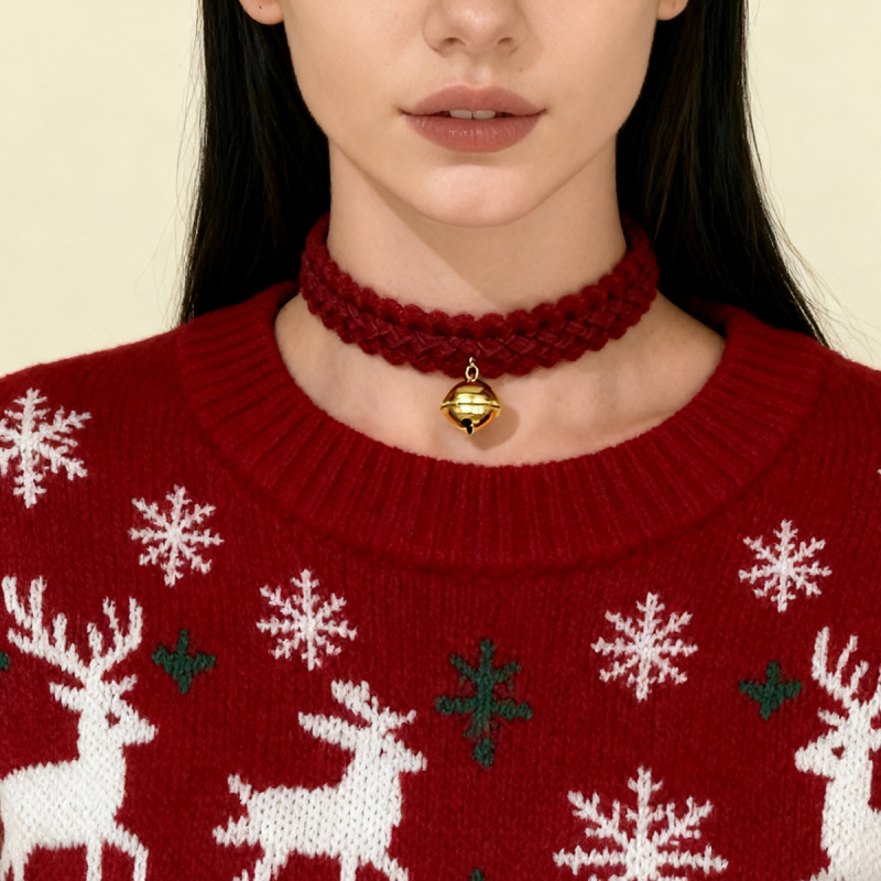 Дамски вълнен чокър с геометрична камбанкова висулка, висулка от сплав, ключична верижка, 31–40 см, Коледен стил