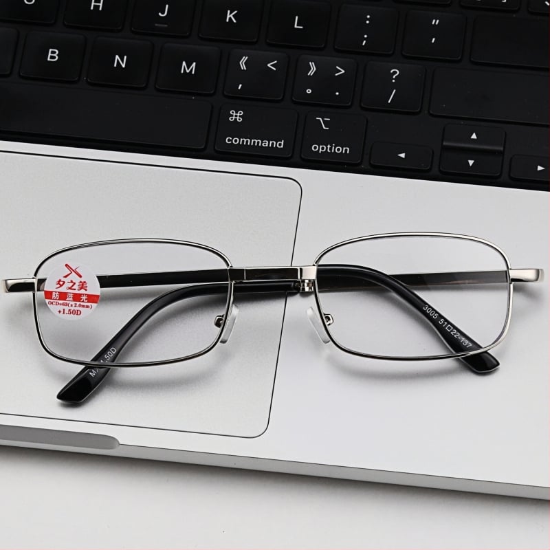 Очила за четене с метална пълна рамка — лещи от смола, антирадиационни и антисиня светлина, квадратна форма, оригинален дизайн