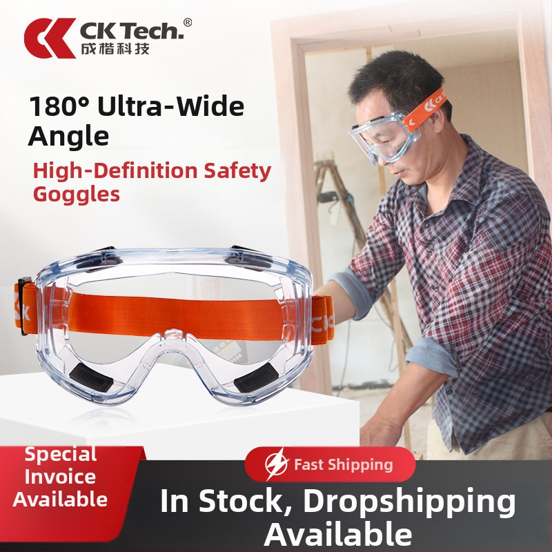 Ochranné okuliare CK Tech Cky-135 FW pre priemyselné rezanie a brúsenie – ochrana proti prachu a špliechaniu, chemické experimenty, polykarbonátové šošovky, oranžový rám