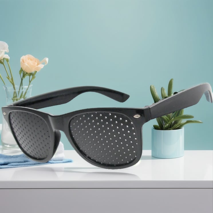 PC materjalist prillid mitme ava ja pinhole dizainiga strabismuse ja amblioopia korrigeerimiseks; läätsede paksus 1,3 mm; kaitse miopiale.