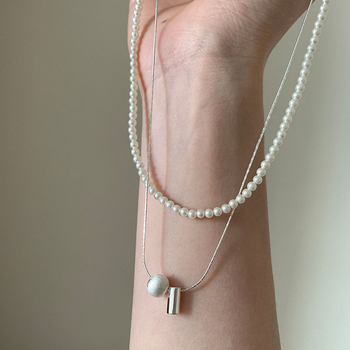 Colier: metal lustruit, perle sferice, dublu strat, formă geometrică, lanț obișnuit (Material: Metal, Finisaj: Electroplacare, Pandant: sidef, Formă: Geometrică, Lanț: Lanț normal)