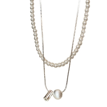 Colier: metal lustruit, perle sferice, dublu strat, formă geometrică, lanț obișnuit (Material: Metal, Finisaj: Electroplacare, Pandant: sidef, Formă: Geometrică, Lanț: Lanț normal)