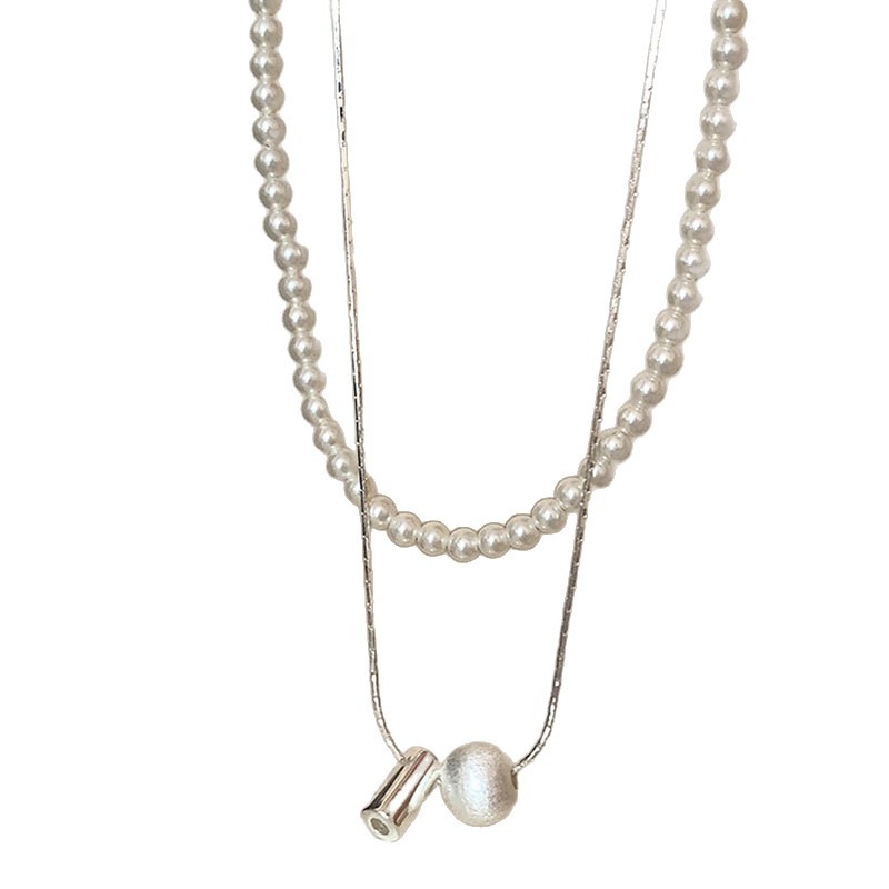 Colier: metal lustruit, perle sferice, dublu strat, formă geometrică, lanț obișnuit (Material: Metal, Finisaj: Electroplacare, Pandant: sidef, Formă: Geometrică, Lanț: Lanț normal)