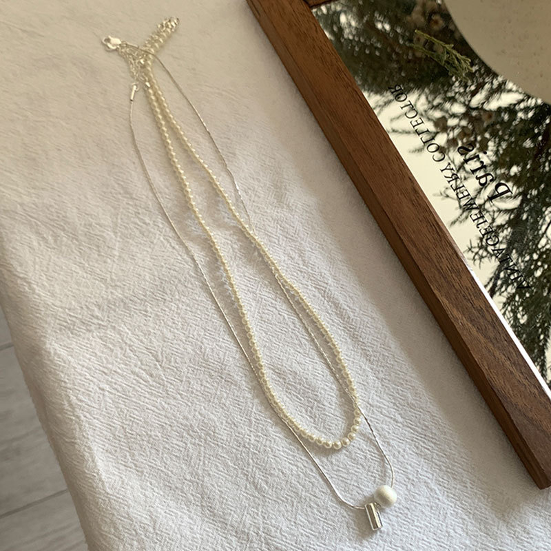 Colier: metal lustruit, perle sferice, dublu strat, formă geometrică, lanț obișnuit (Material: Metal, Finisaj: Electroplacare, Pandant: sidef, Formă: Geometrică, Lanț: Lanț normal)