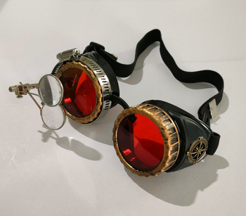 Steampunk retro aizsargbrilles ar palielināmo lēcu – plastmasas rāmis, lēcas biezums 2,5 mm, gaismas caurlaidība 89%, regulējams rāmis