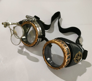 Steampunk retro aizsargbrilles ar palielināmo lēcu – plastmasas rāmis, lēcas biezums 2,5 mm, gaismas caurlaidība 89%, regulējams rāmis