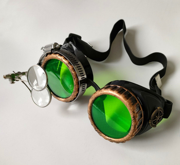 Steampunk retro aizsargbrilles ar palielināmo lēcu – plastmasas rāmis, lēcas biezums 2,5 mm, gaismas caurlaidība 89%, regulējams rāmis