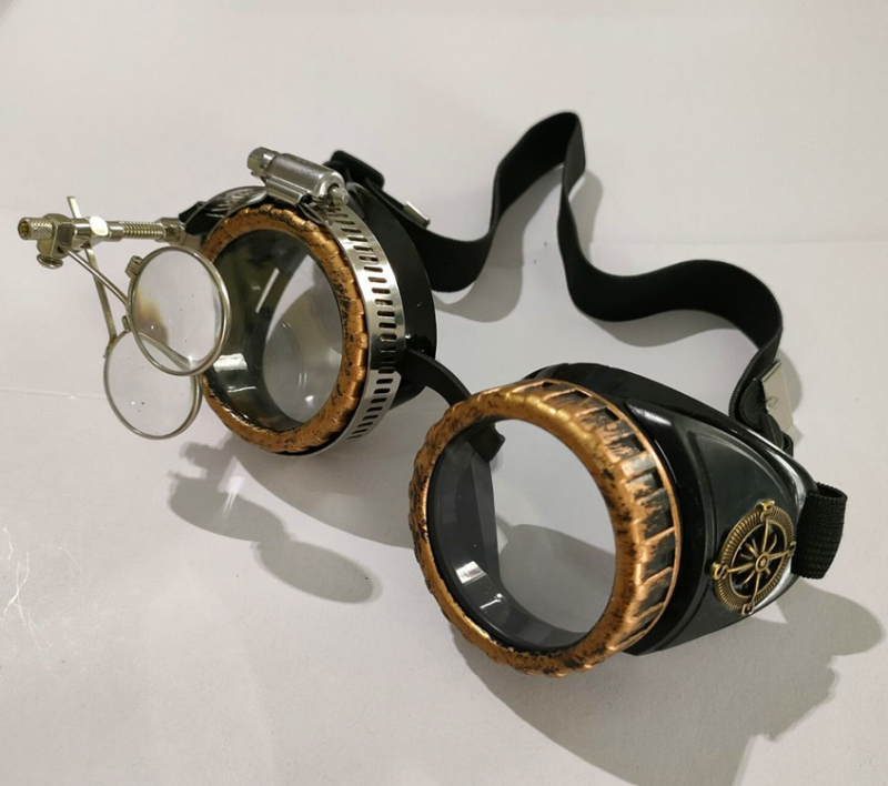 Steampunk retro aizsargbrilles ar palielināmo lēcu – plastmasas rāmis, lēcas biezums 2,5 mm, gaismas caurlaidība 89%, regulējams rāmis