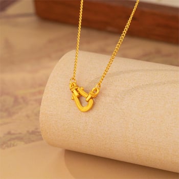 Colier pentru femei – Cataramă în formă de potcoavă, cupru, pandantiv geometric U, lanț lateral, 40 cm + extensie 5 cm