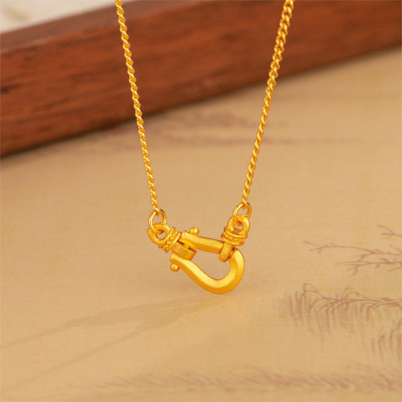 Colier pentru femei – Cataramă în formă de potcoavă, cupru, pandantiv geometric U, lanț lateral, 40 cm + extensie 5 cm