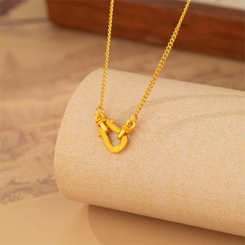 Colier pentru femei – Cataramă în formă de potcoavă, cupru, pandantiv geometric U, lanț lateral, 40 cm + extensie 5 cm