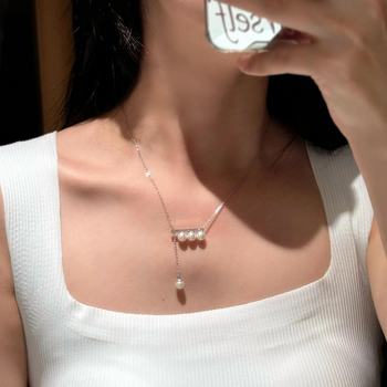 Colier din argint 925 cu perle artificiale, stil ușor luxos, design geometric, lanț reglabil 40+5 cm, lungime 41-50 cm, pentru femei