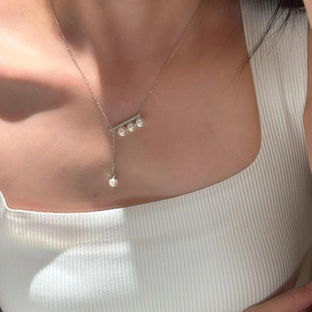 Colier din argint 925 cu perle artificiale, stil ușor luxos, design geometric, lanț reglabil 40+5 cm, lungime 41-50 cm, pentru femei